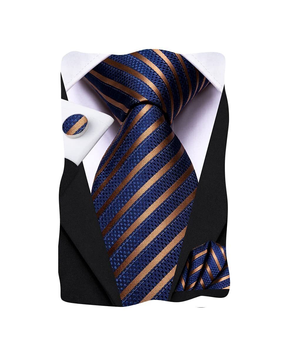 6612 Blue Checks Striped Tie WOVEN Necktie and Handkerchief Cufflinks Set